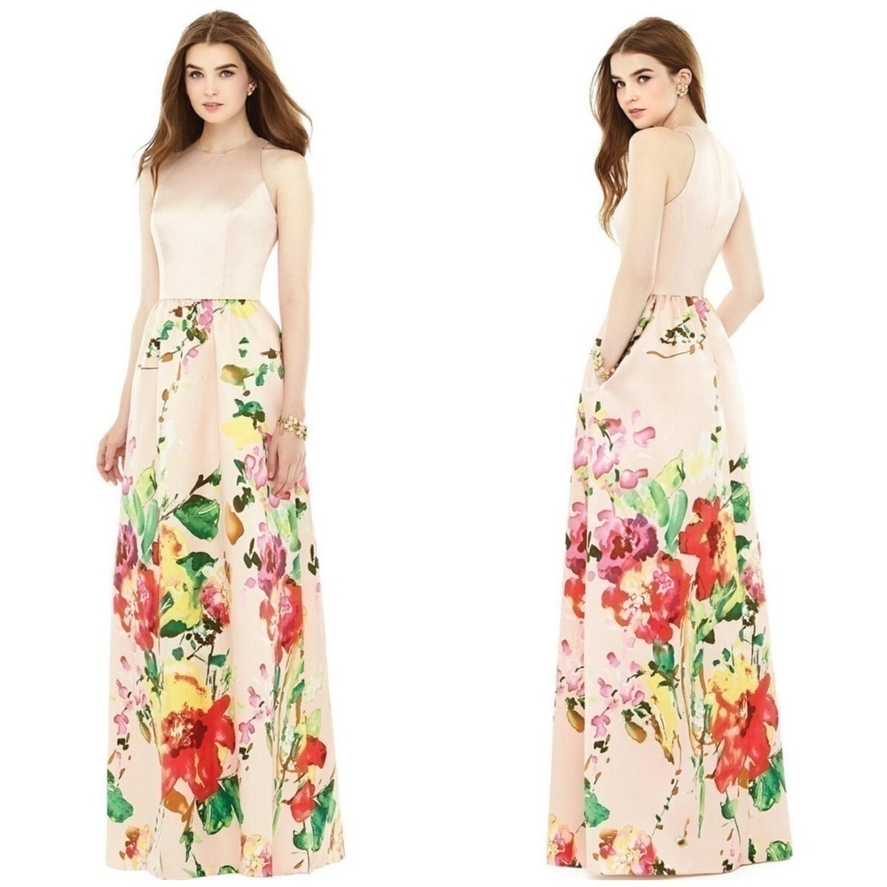 ALFRED SUNG BLUSH BOUQUET SLEEVELESS FLORAL SKIRT MAXI POCKETS BRIDESMAID DRESS